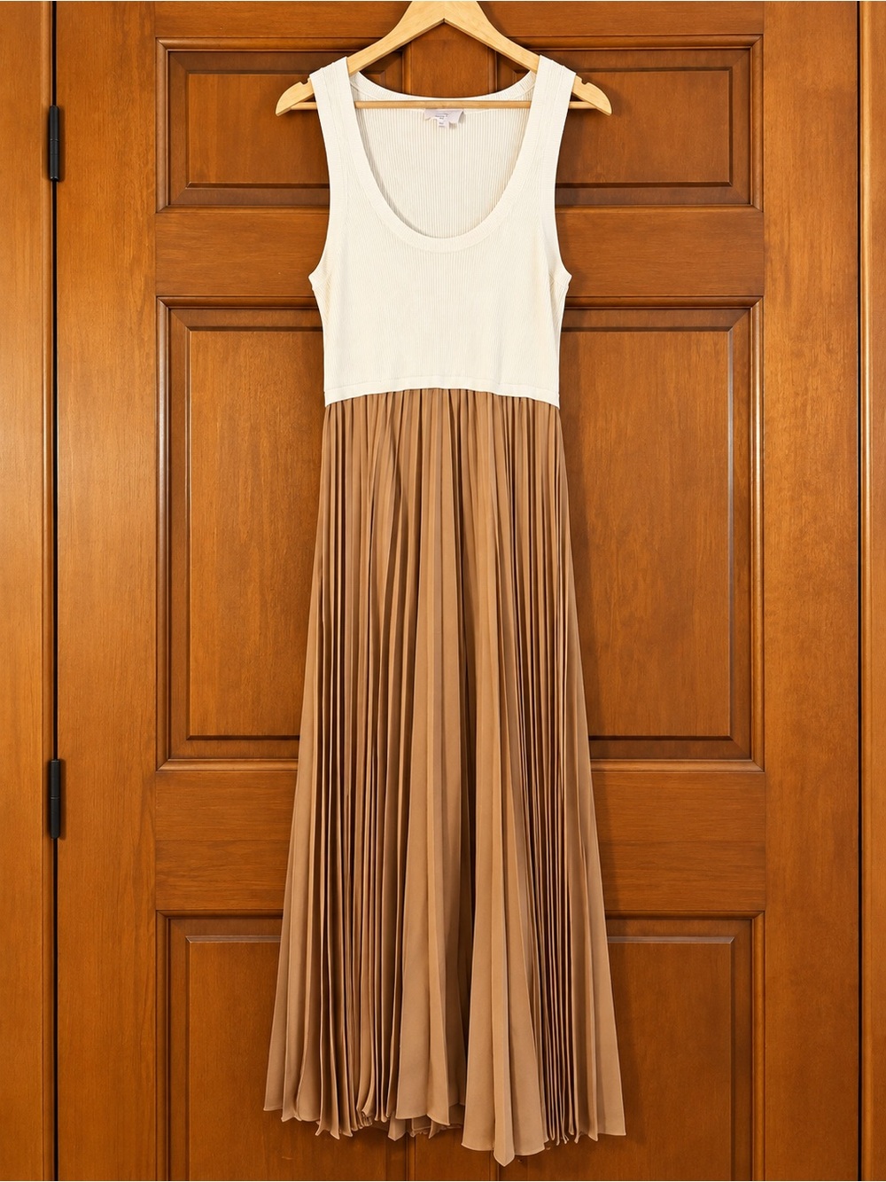 Cinq a Sept Parma Dress Cream & Tan Pleated Tank Maxi Dress - XL